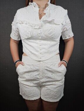 Tea & Cup White Eyelet Two-Piece Crop Top & Shorts Set